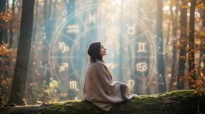 Persona seduta in una foresta autunnale con simboli zodiacali sovrapposti in trasparenza
