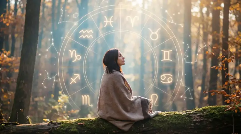 Persona seduta in una foresta autunnale con simboli zodiacali sovrapposti in trasparenza