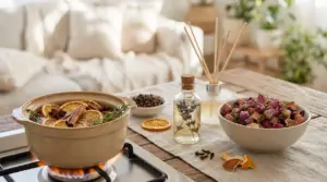 Pentola con agrumi e spezie sul fuoco, con diffusore e pot-pourri in un soggiorno luminoso