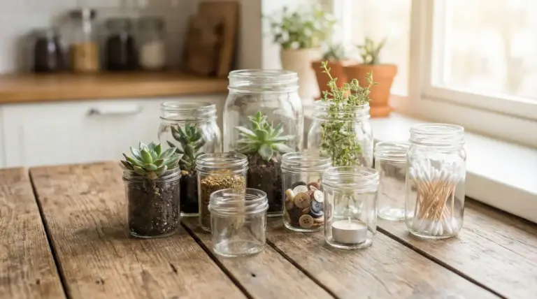 Vasetti di vetro riutilizzati con piante grasse, erbe aromatiche e piccoli oggetti su un tavolo in cucina
