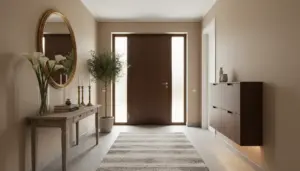 Ingresso di casa moderno con porta in legno, specchio ovale, consolle decorata, pianta in vaso e tappeto chiaro