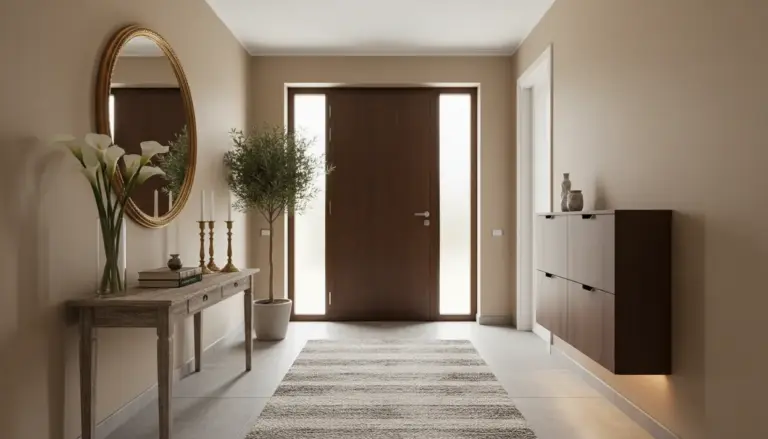 Ingresso di casa moderno con porta in legno, specchio ovale, consolle decorata, pianta in vaso e tappeto chiaro