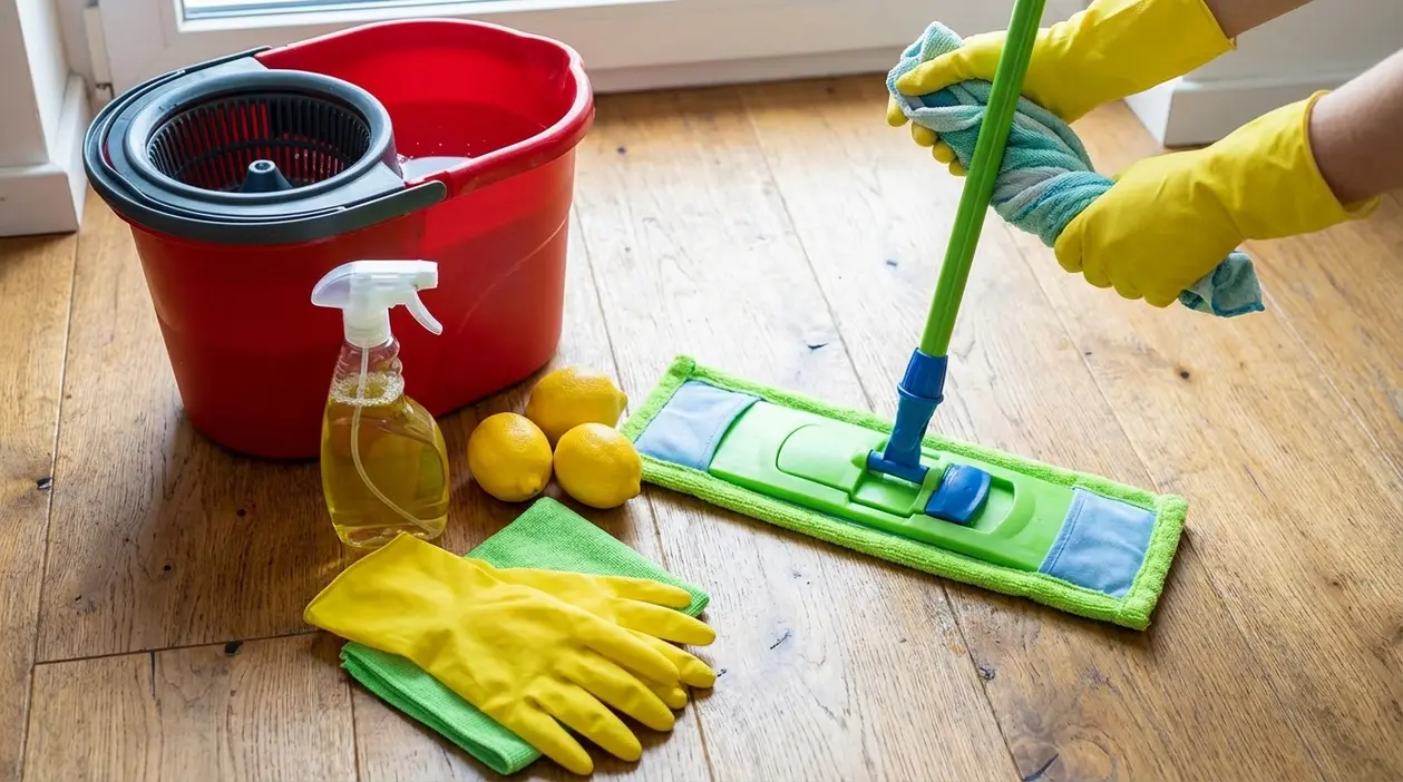 Mocio e secchio su pavimento in legno con guanti, panno, spruzzino e limoni per igienizzare senza chimici
