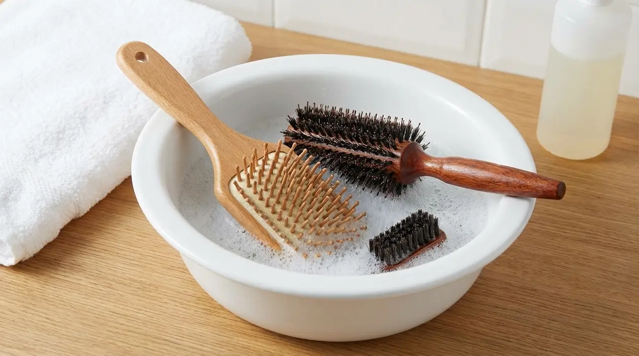 Spazzole per capelli in ammollo in una bacinella con acqua e sapone per igienizzarle in casa