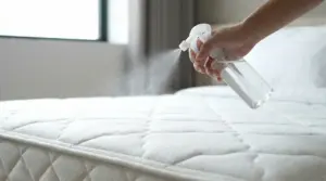 Una mano spruzza un liquido trasparente su un materasso con un flacone spray