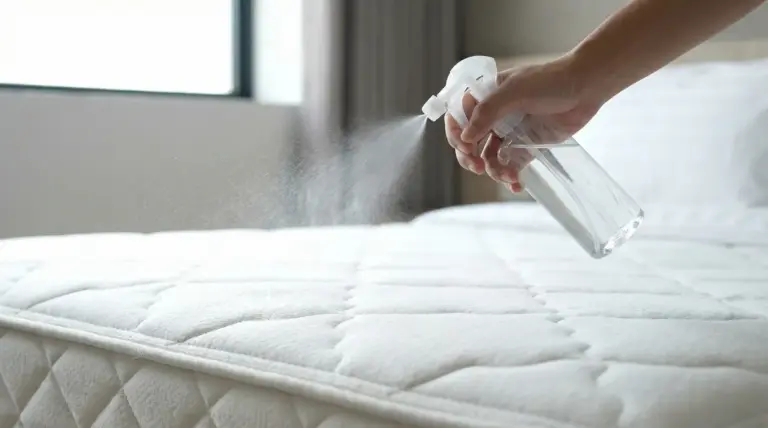 Una mano spruzza un liquido trasparente su un materasso con un flacone spray