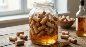 Barattolo di vetro con tappi di sughero immersi nell’alcool su un tavolo di legno, vicino a una bottiglia