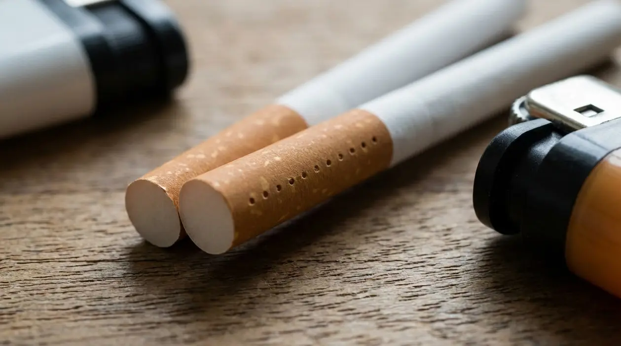 Primo piano di due sigarette con i piccoli fori del filtro visibili su un tavolo di legno