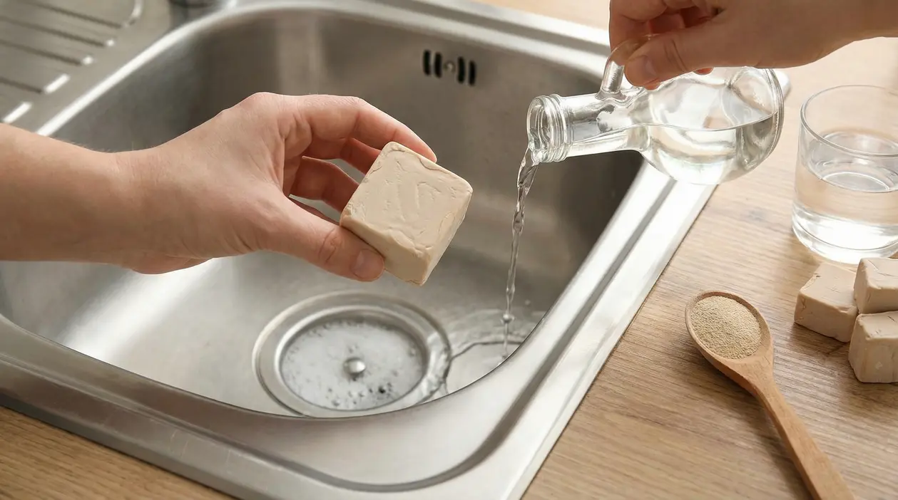 Mani che versano acqua su un cubetto di lievito di birra sopra un lavandino