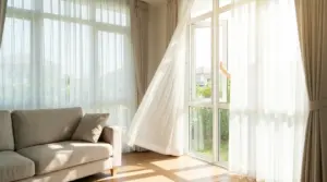 Soggiorno luminoso con finestra aperta e tende mosse dall’aria per arieggiare casa