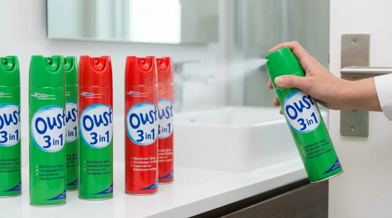 Mano che spruzza spray disinfettante su una maniglia della porta, con bombolette su un piano del bagno