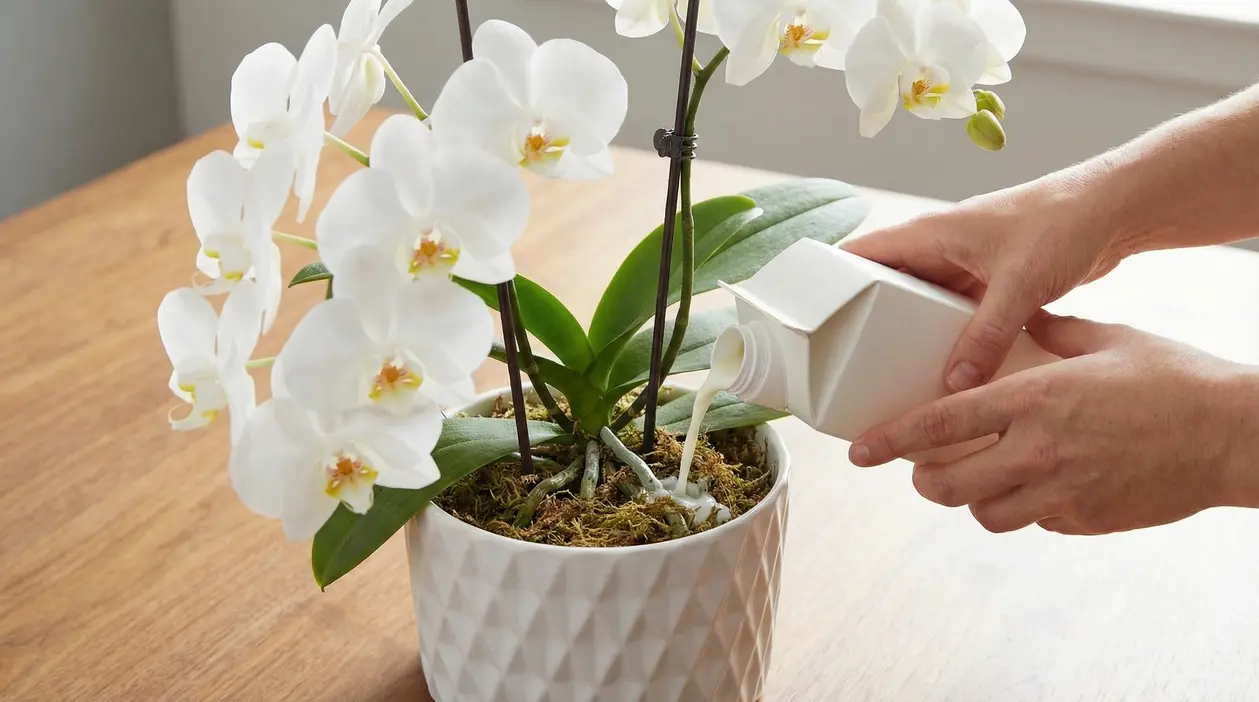 Mani che versano un liquido da un contenitore su un'orchidea in fiore in vaso bianco