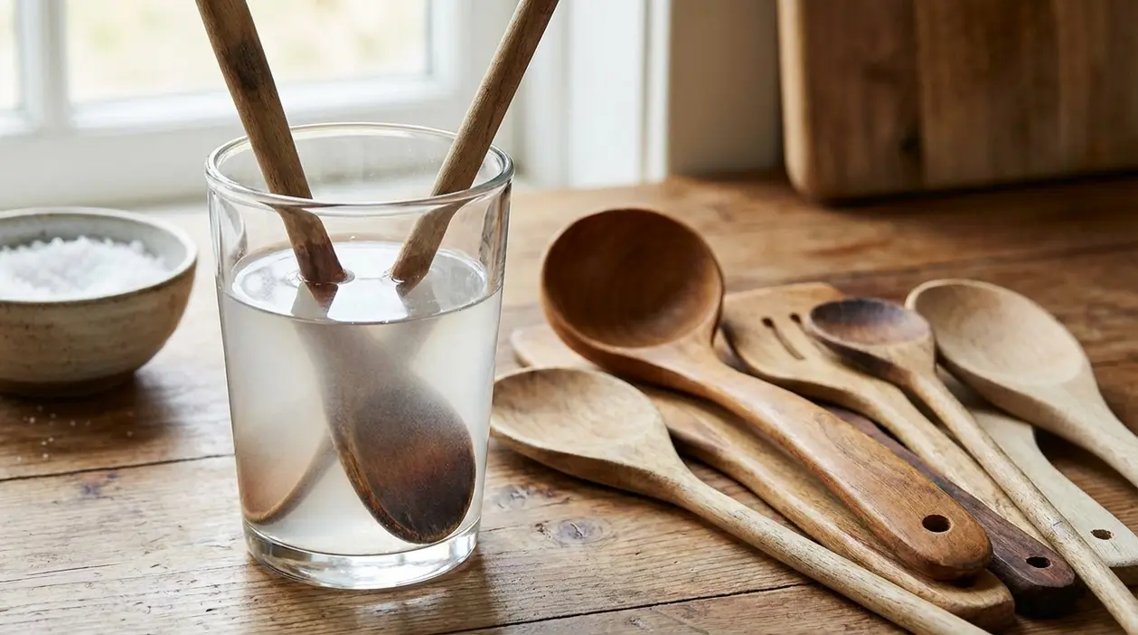 Bicchiere con acqua e mestoli di legno immersi su un tavolo, accanto ad altri utensili in legno