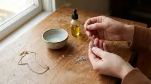 Mani che sciolgono i nodi di una collana su un tavolo di legno con una boccetta d’olio accanto