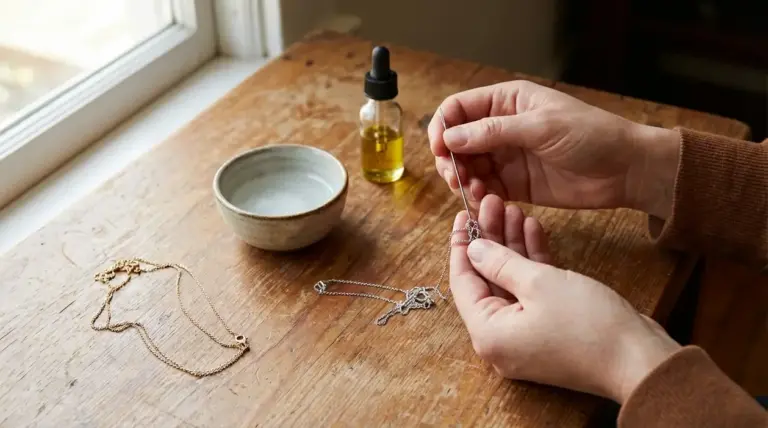 Mani che sciolgono i nodi di una collana su un tavolo di legno con una boccetta d’olio accanto