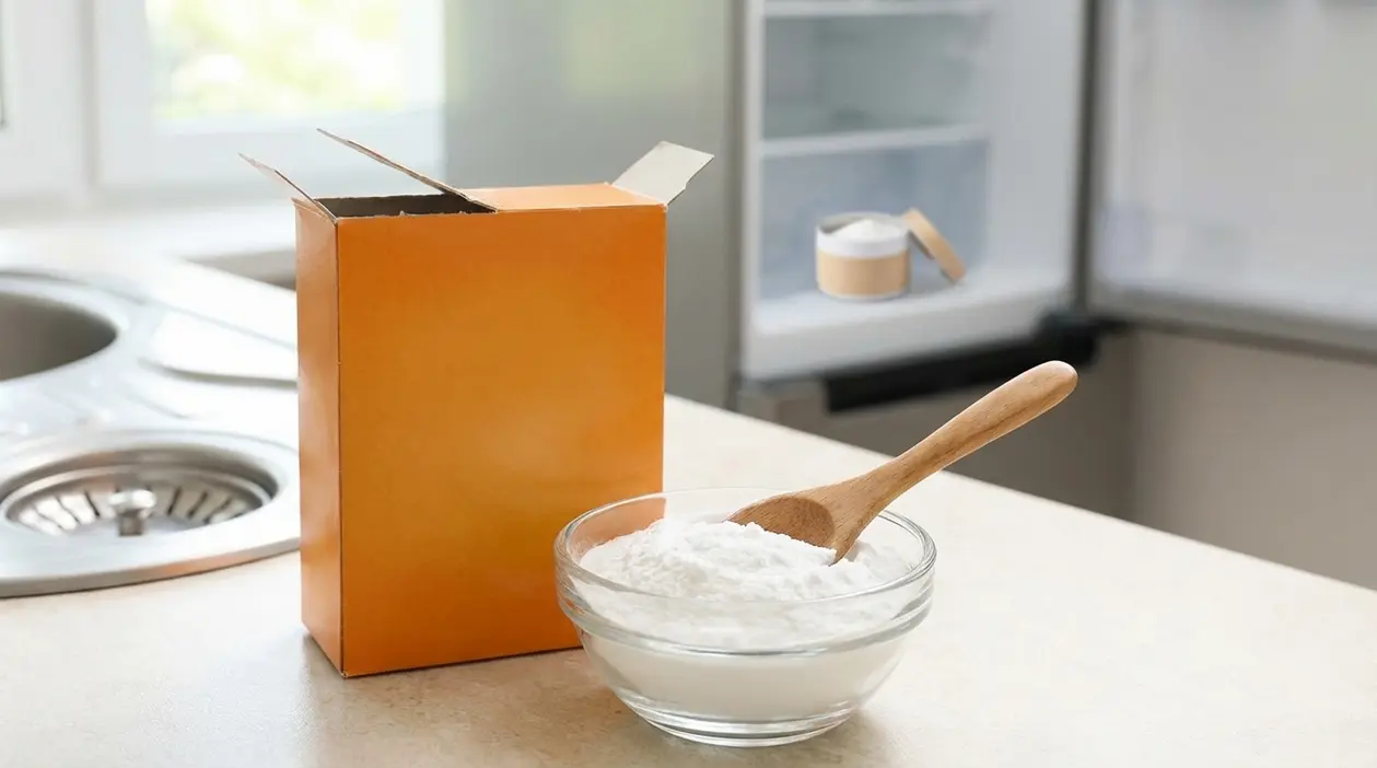 Scatola e ciotola di bicarbonato in cucina, usato come rimedio naturale per assorbire i cattivi odori