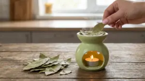 Mano che mette foglie di alloro in un bruciatore con candela per profumare l’ambiente in cucina