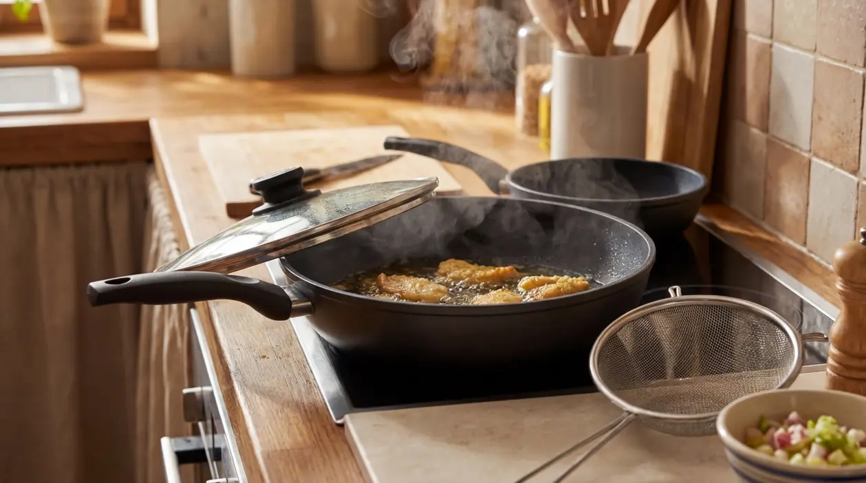 Padella con coperchio semiaperto mentre si frigge in cucina, con vapore e olio sul fuoco