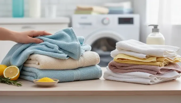 Asciugamani piegati e soffici accanto a una lavatrice e ingredienti naturali per il bucato