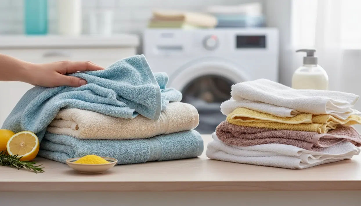 Asciugamani piegati e soffici accanto a una lavatrice e ingredienti naturali per il bucato