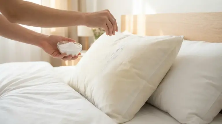 Persona che cosparge bicarbonato su un cuscino ingiallito sul letto per igienizzarlo e rinfrescarlo