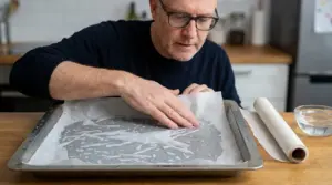 Uomo in cucina sistema la carta da forno bagnata su una teglia per farla aderire meglio