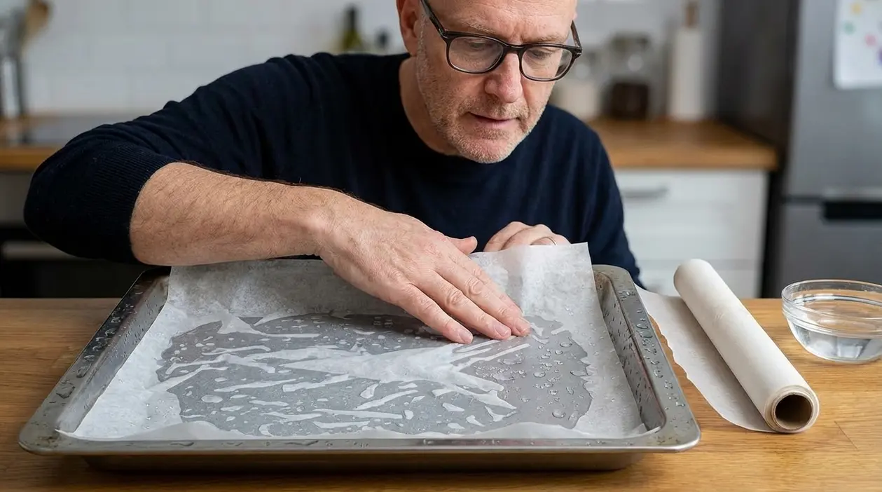 Uomo in cucina sistema la carta da forno bagnata su una teglia per farla aderire meglio