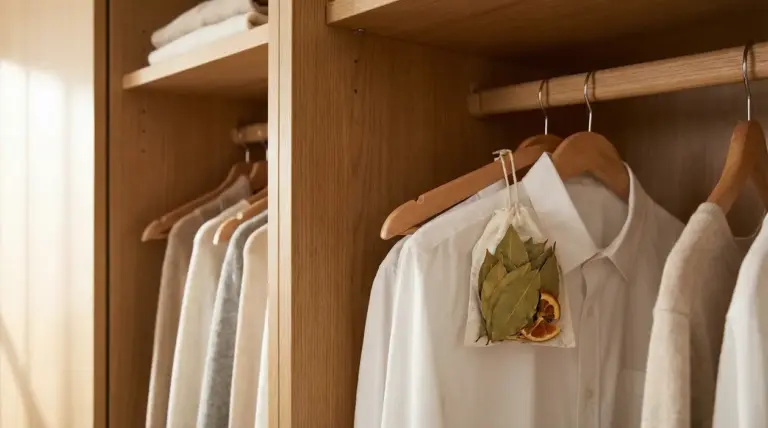 Sacchetto profumato naturale appeso nell’armadio tra camicie e maglioni ordinati