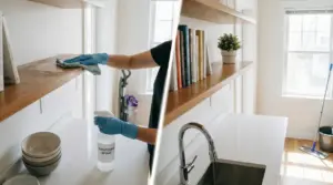 Una persona con guanti pulisce una mensola in legno con spray sanificante in una cucina luminosa