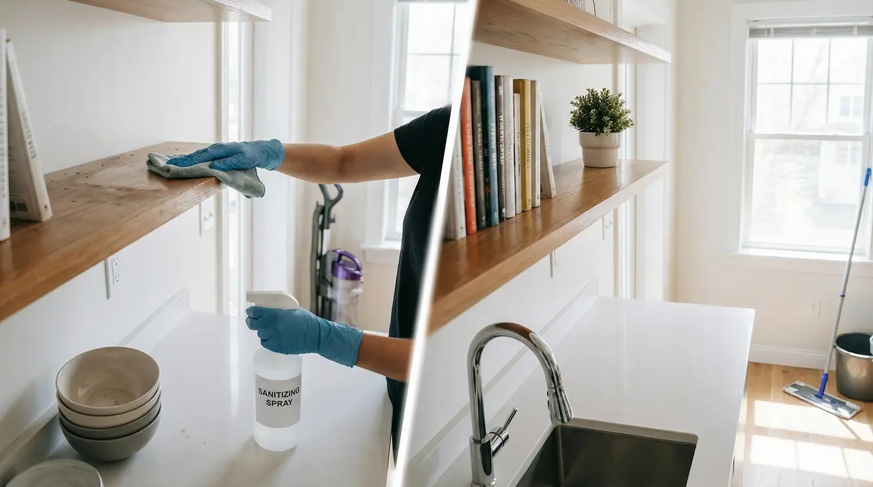 Una persona con guanti pulisce una mensola in legno con spray sanificante in una cucina luminosa