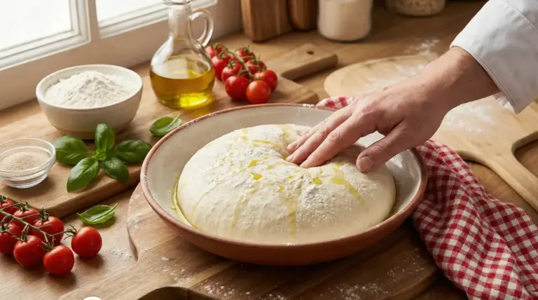Una mano tocca un impasto per pizza lievitato in una ciotola su un piano da cucina