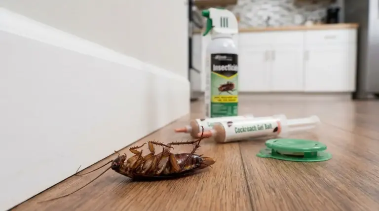 Blatta capovolta sul pavimento vicino a esche in gel e spray insetticida in una cucina