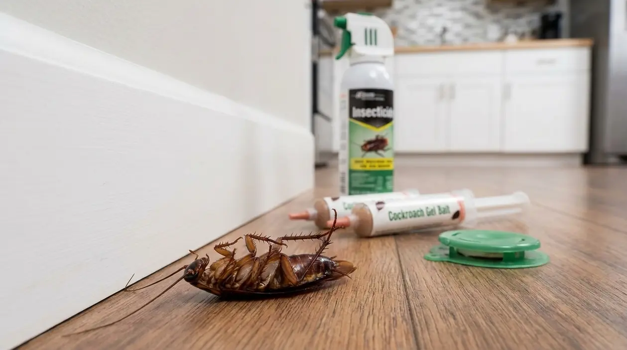 Blatta capovolta sul pavimento vicino a esche in gel e spray insetticida in una cucina