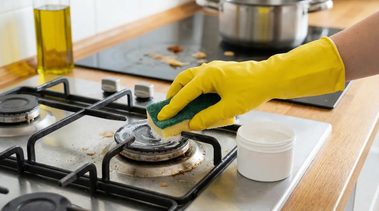 Mano con guanto giallo pulisce il fornello del piano cottura con spugna e crema detergente