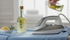 Una persona versa un infuso naturale con limone e rosmarino nell'acqua del ferro da stiro su una camicia azzurra