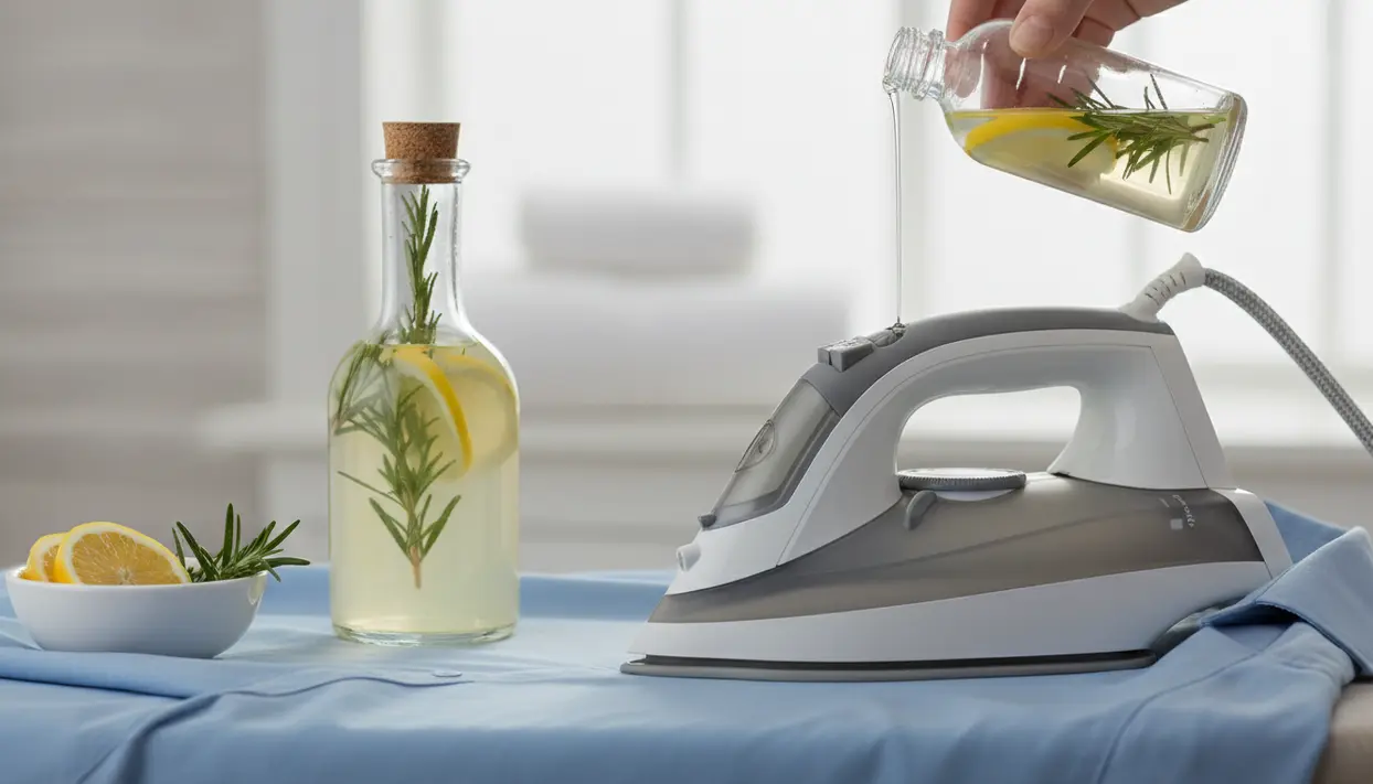 Una persona versa un infuso naturale con limone e rosmarino nell'acqua del ferro da stiro su una camicia azzurra