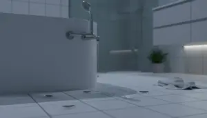 Insetti sul pavimento del bagno vicino alla vasca, con gocce d’acqua che cadono dal rubinetto