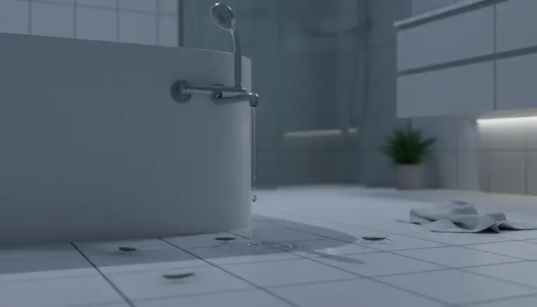 Insetti sul pavimento del bagno vicino alla vasca, con gocce d’acqua che cadono dal rubinetto