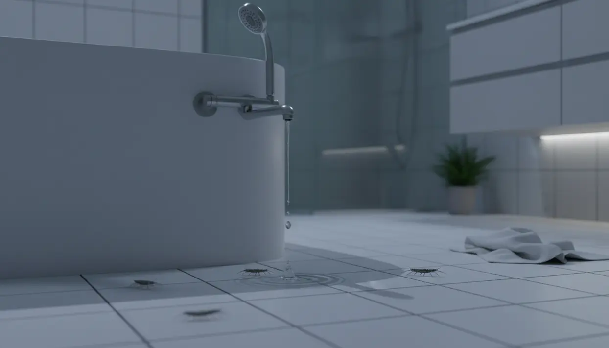 Insetti sul pavimento del bagno vicino alla vasca, con gocce d’acqua che cadono dal rubinetto