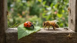 Coccinella su una foglia accanto a un’ape e altri piccoli insetti su un davanzale di legno all’aperto