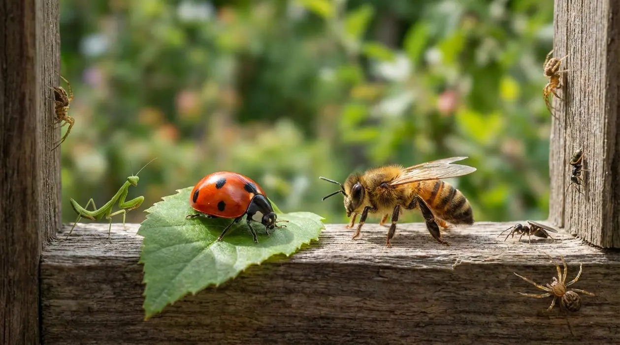 Coccinella su una foglia accanto a un’ape e altri piccoli insetti su un davanzale di legno all’aperto