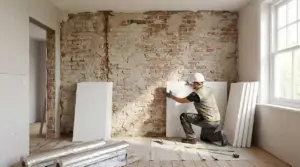 Operaio posa pannelli isolanti su parete in mattoni durante intervento contro umidità e parete fredda