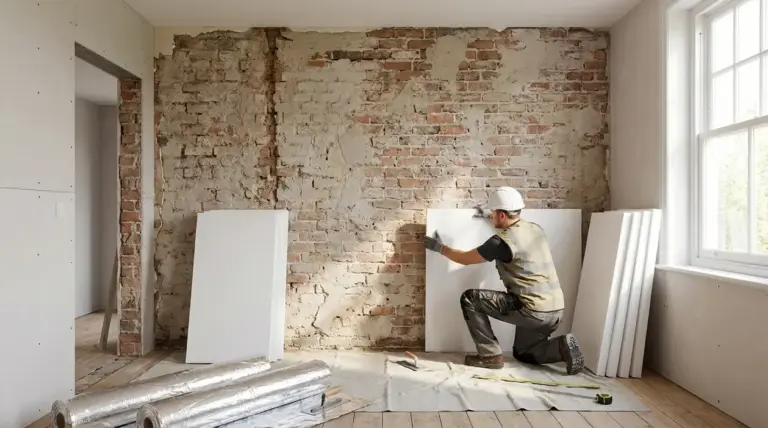 Operaio posa pannelli isolanti su parete in mattoni durante intervento contro umidità e parete fredda