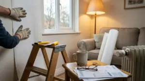 Persona con guanti applica un pannello isolante su parete interna in soggiorno, con termostato del radiatore vicino