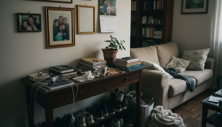 Ingresso/soggiorno con consolle piena di oggetti, cavi e carte, scarpe a vista e divano con plaid in disordine