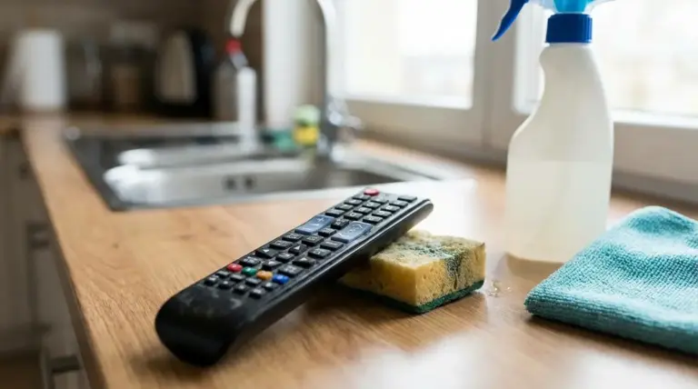 Telecomando su spugna e panno in cucina, vicino a spray detergente, per la pulizia degli oggetti di uso quotidiano