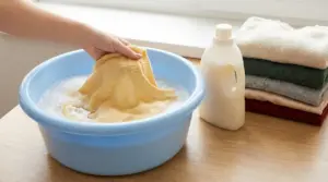 Lavaggio a mano di un maglione delicato in una bacinella con acqua e sapone neutro, accanto a capi piegati