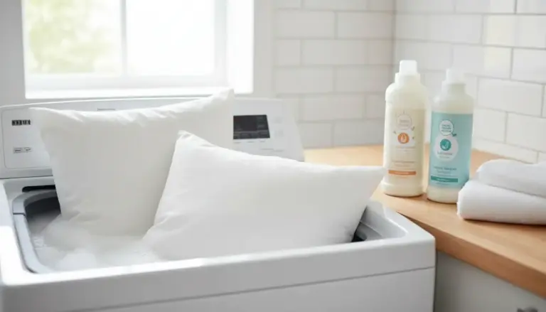 Cuscini bianchi nella lavatrice a carica dall’alto con detersivo e asciugamani sul piano, pronti per il lavaggio