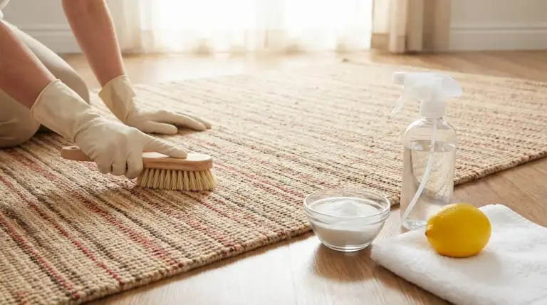 Persona pulisce un tappeto con spazzola e detergenti naturali come limone e bicarbonato