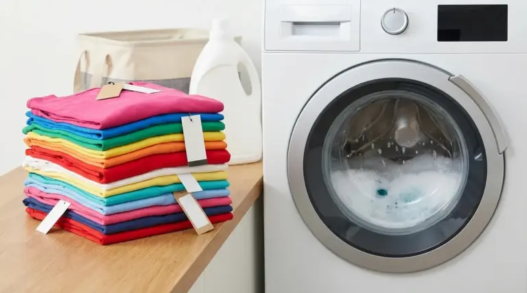 Pila di vestiti nuovi con etichette accanto a una lavatrice, pronti per il primo lavaggio